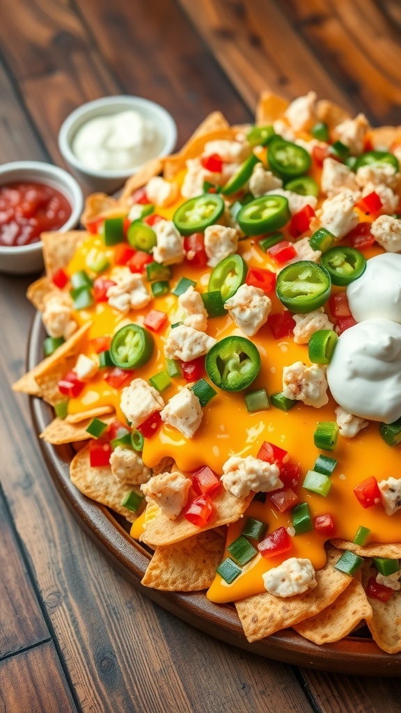 A colorful plate of nachos topped with cheese, crab meat, jalapeños, tomatoes, and green onions, with dips on the side.